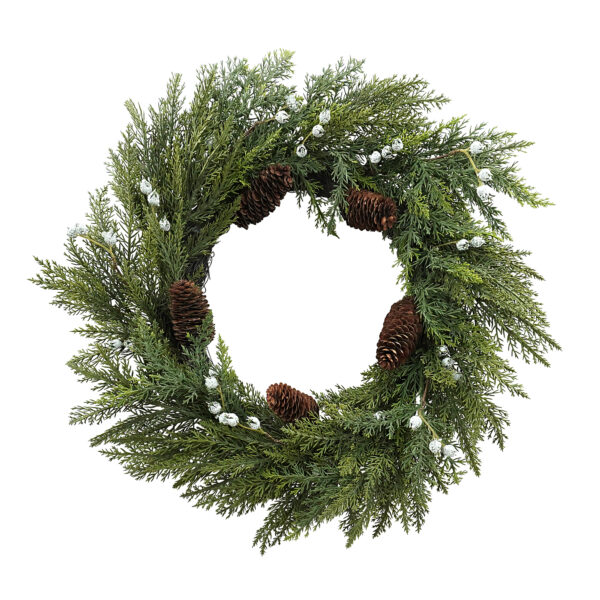 Artificial Pine Winter Wreath with Pinecones & Frosted White Berries – Holiday Door Décor