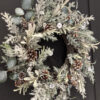 WF000240059-3 Artificial Frosted Cedar & Eucalyptus Winter Wreath with Pinecones & Velvet Bow – Holiday Front Door Décor