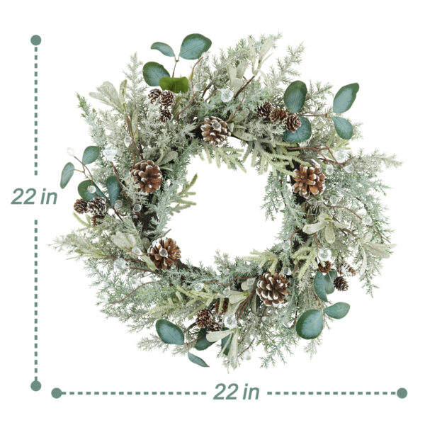 WF000240059-5 Artificial Frosted Cedar & Eucalyptus Winter Wreath with Pinecones & Velvet Bow – Holiday Front Door Décor