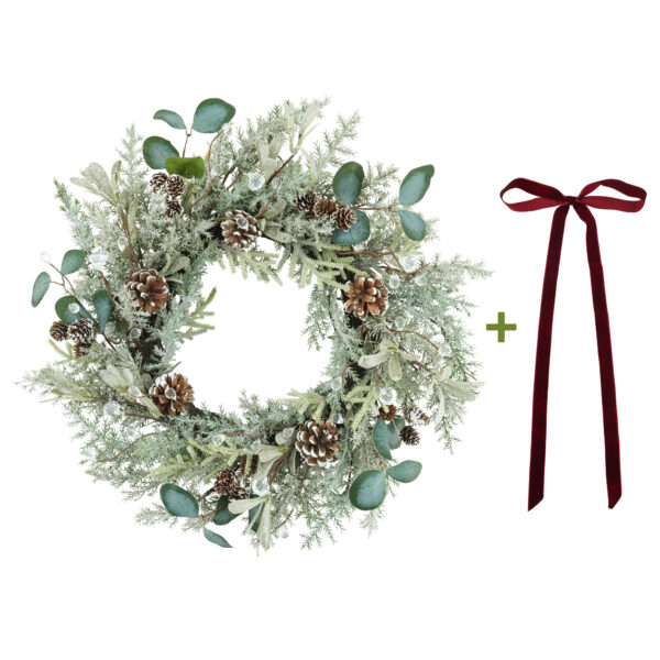 WF000240059 Artificial Frosted Cedar & Eucalyptus Winter Wreath with Pinecones & Velvet Bow – Holiday Front Door Décor
