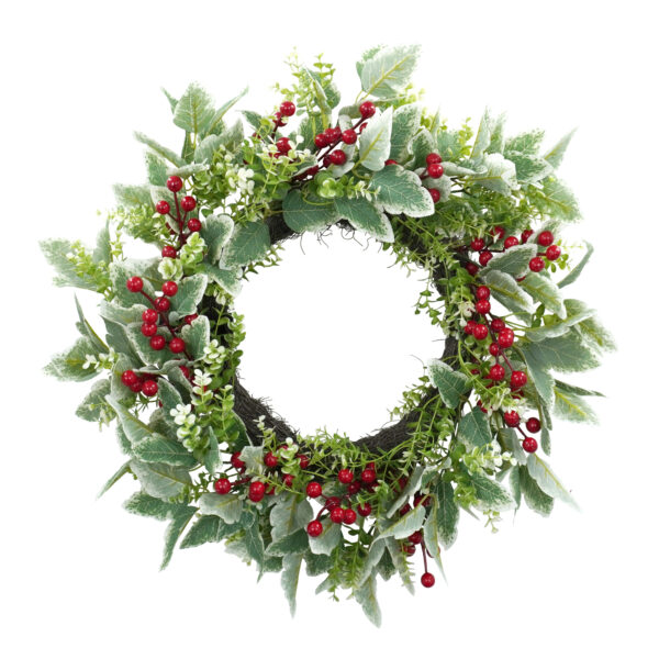 Artificial Frosted Greenery & Red Berry Christmas Wreath – Winter Front Door Décor