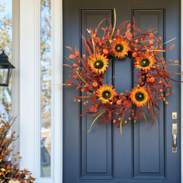 WF000240065-3 Artificial Sunflower Fall Wreath with Orange Foliage & Berries – Autumn Front Door Décor