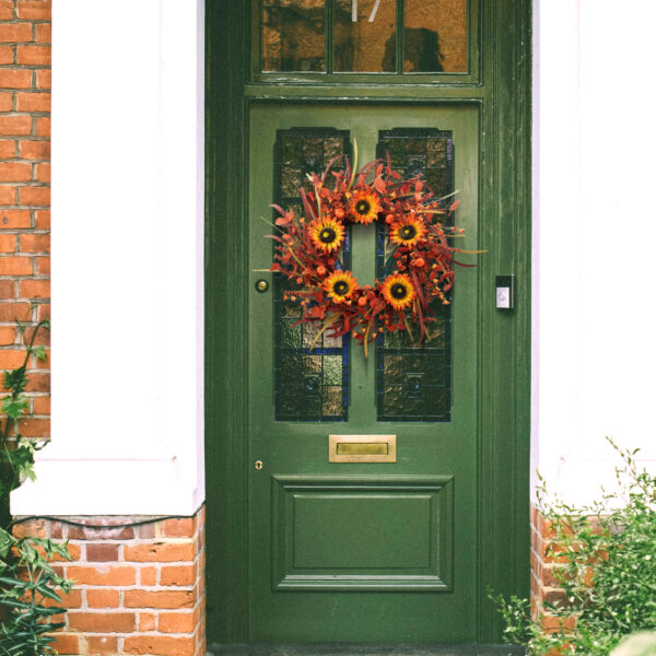 WF000240065-4 Artificial Sunflower Fall Wreath with Orange Foliage & Berries – Autumn Front Door Décor