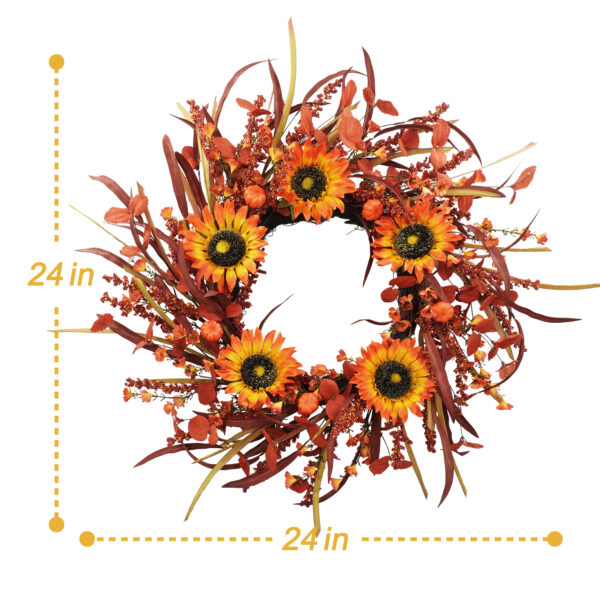 WF000240065-5 Artificial Sunflower Fall Wreath with Orange Foliage & Berries – Autumn Front Door Décor