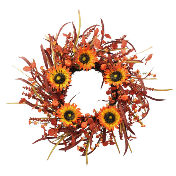 WF000240065 Artificial Sunflower Fall Wreath with Orange Foliage & Berries – Autumn Front Door Décor