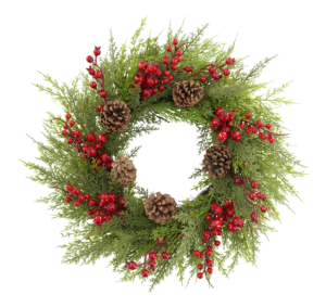 WF000240066-20 拷贝 Artificial Cedar Christmas Wreath with Red Berries & Pinecones – Holiday Front Door & Wall Décor