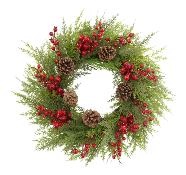 WF000240066-20 拷贝 Artificial Cedar Christmas Wreath with Red Berries & Pinecones – Holiday Front Door & Wall Décor