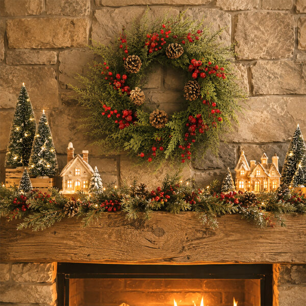 WF000240066-4 Artificial Cedar Christmas Wreath with Red Berries & Pinecones – Holiday Front Door & Wall Décor