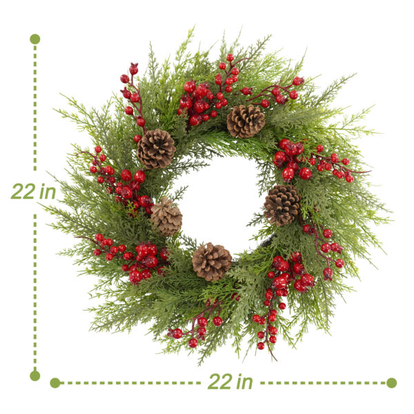 WF000240066-5 Artificial Cedar Christmas Wreath with Red Berries & Pinecones – Holiday Front Door & Wall Décor