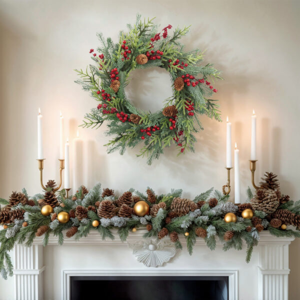 WF000240068-3 Artificial Pine Christmas Wreath with Red Berries & Pinecones – Holiday Front Door Wreath
