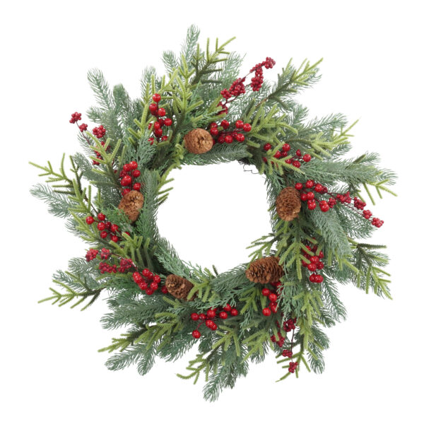 WF000240068 Artificial Pine Christmas Wreath with Red Berries & Pinecones – Holiday Front Door Wreath