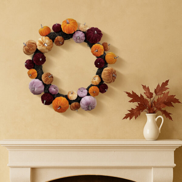 Velvet Pumpkin Fall Wreath – Multicolor Autumn Harvest Wreath for Front Door