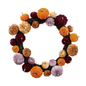 WF000240069 Velvet Pumpkin Fall Wreath – Multicolor Autumn Harvest Wreath for Front Door