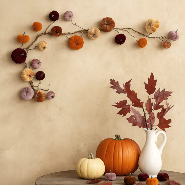Velvet Pumpkin Fall Garland – Multicolor Autumn Mantel & Staircase Décor