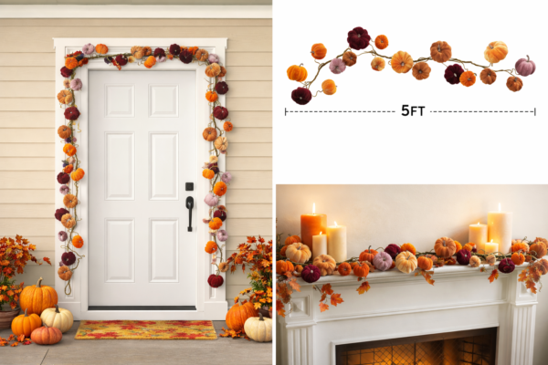 Velvet Pumpkin Fall Garland – Multicolor Autumn Mantel & Staircase Décor