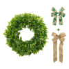WF000240071 Artificial Boxwood Wreath with Burlap & Shamrock Bows – Greenery Front Door Wreath
