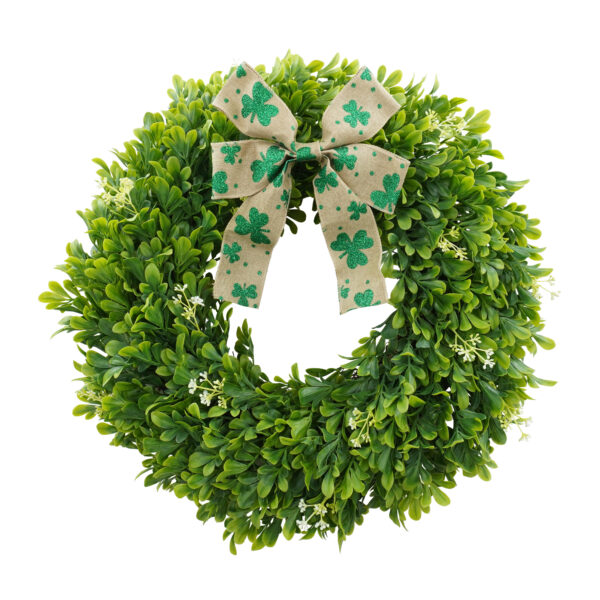 WF000240071-2 Artificial Boxwood Wreath with Burlap & Shamrock Bows – Greenery Front Door Wreath