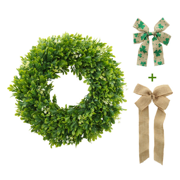 WF000240071 Artificial Boxwood Wreath with Burlap & Shamrock Bows – Greenery Front Door Wreath