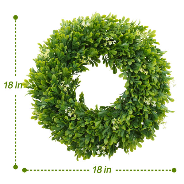 WF000240071-9 Artificial Boxwood Wreath with Blue Striped & Burlap Bows – Coastal Greenery Front Door Wreath