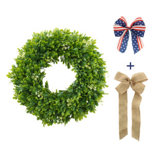 WF000240071-N Artificial Boxwood Wreath with American Flag & Burlap Bows – Patriotic 4th of July Front Door Greenery
