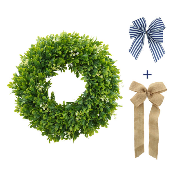 WF000240071-S Artificial Boxwood Wreath with Blue Striped & Burlap Bows – Coastal Greenery Front Door Wreath