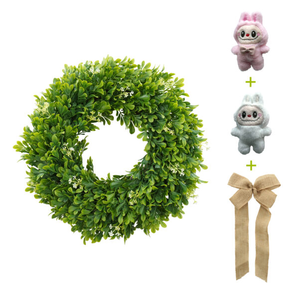 WF000240071-V Artificial Boxwood Easter Wreath with Bunny Ornaments & Burlap Bow – Spring Front Door Greenery