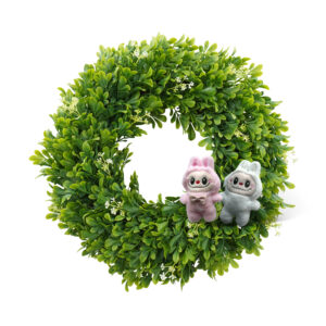 WF000240071-V1 Artificial Boxwood Easter Wreath with Bunny Ornaments & Burlap Bow – Spring Front Door Greenery