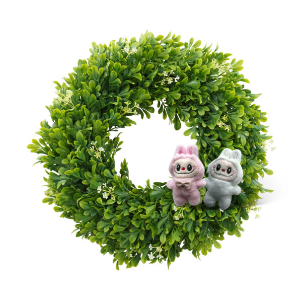 WF000240071-V1 Artificial Boxwood Easter Wreath with Bunny Ornaments & Burlap Bow – Spring Front Door Greenery