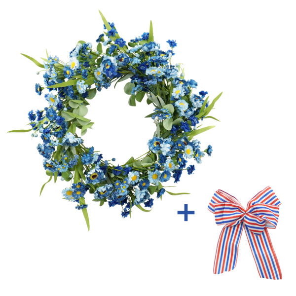 Artificial Patriotic Wildflower Wreath – Blue Floral Wreath with Red, White & Blue Bow