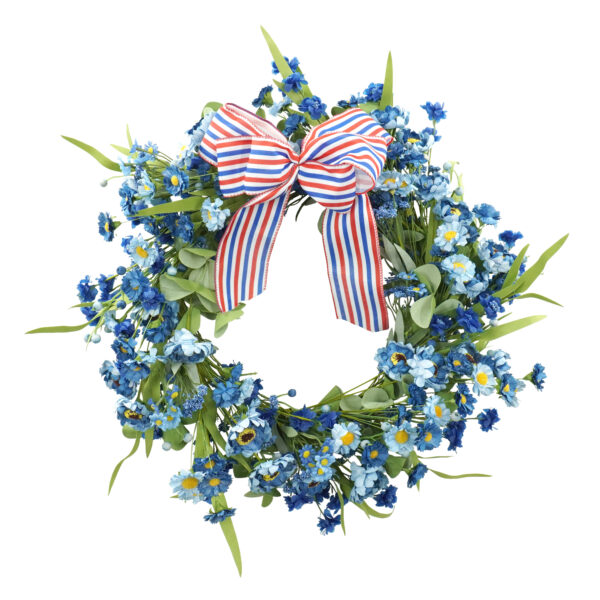 Artificial Patriotic Wildflower Wreath – Blue Floral Wreath with Red, White & Blue Bow