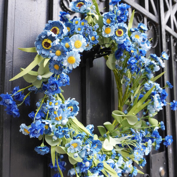 Artificial Patriotic Wildflower Wreath – Blue Floral Wreath with Red, White & Blue Bow