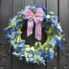Artificial Patriotic Wildflower Wreath – Blue Floral Wreath with Red, White & Blue Bow