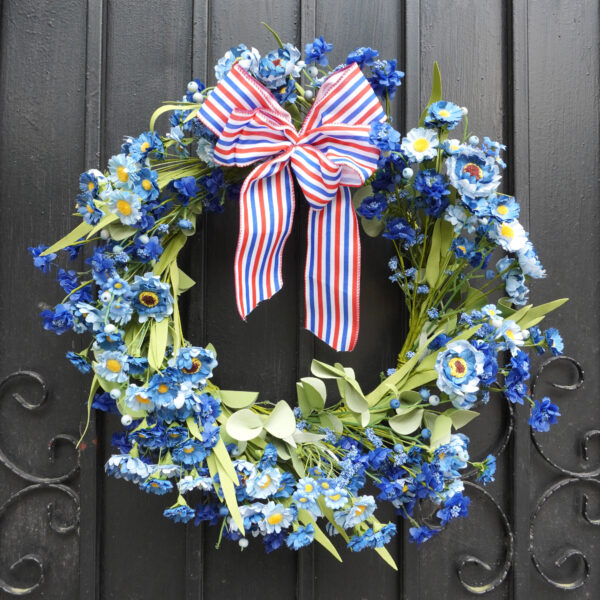 Artificial Patriotic Wildflower Wreath – Blue Floral Wreath with Red, White & Blue Bow