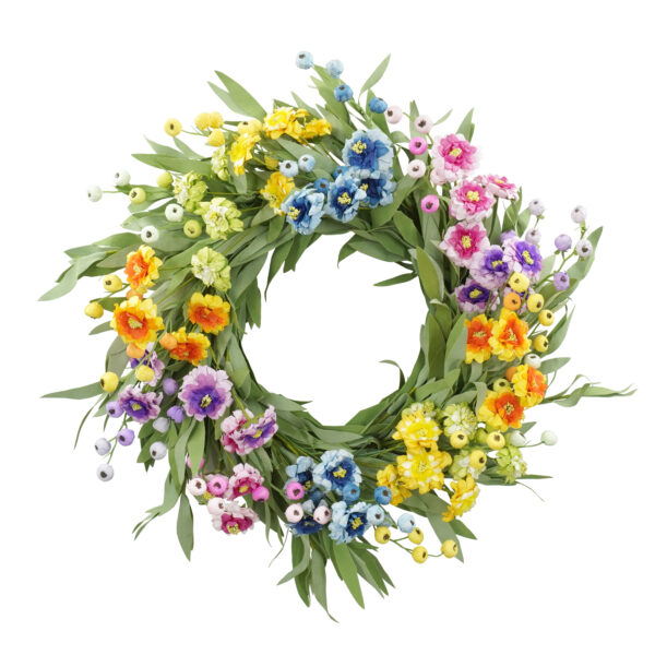 WF000240073 Artificial Rainbow Wildflower Spring Wreath – Colorful Floral Front Door Wreath