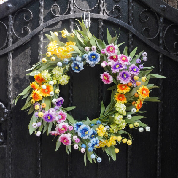 WF000240073-5 Artificial Rainbow Wildflower Spring Wreath – Colorful Floral Front Door Wreath
