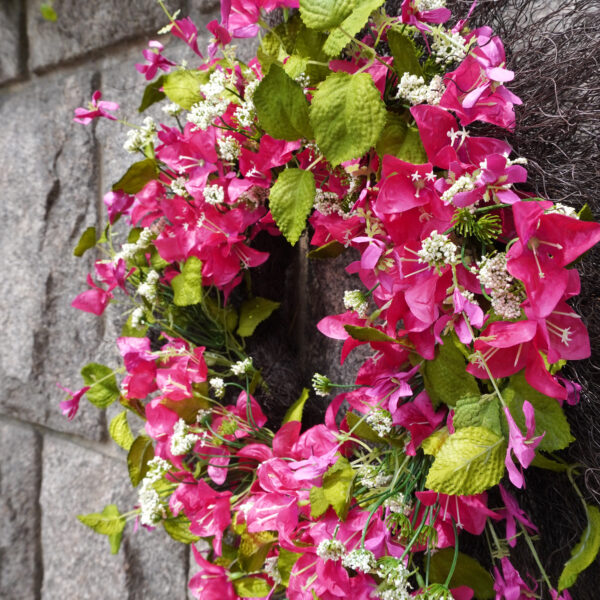 WF000240074-3 Artificial Bougainvillea Spring Wreath – Pink Floral & Greenery Wreath for Front Door