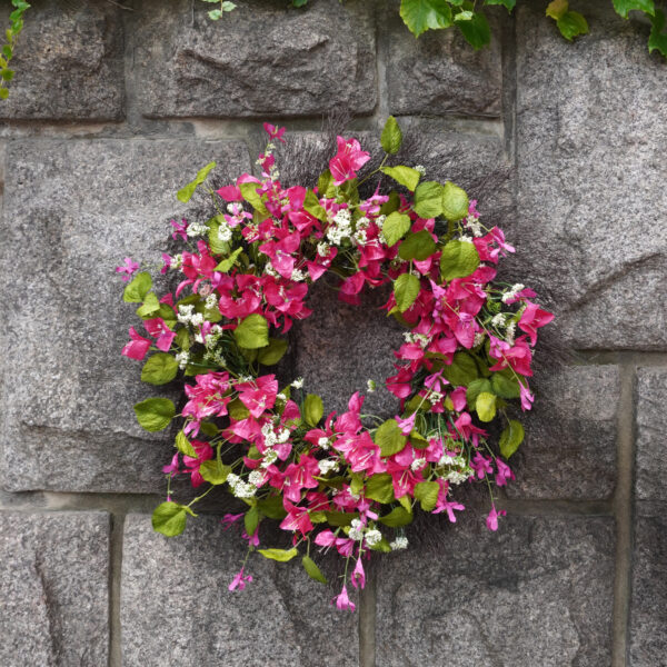 WF000240074-4 Artificial Bougainvillea Spring Wreath – Pink Floral & Greenery Wreath for Front Door