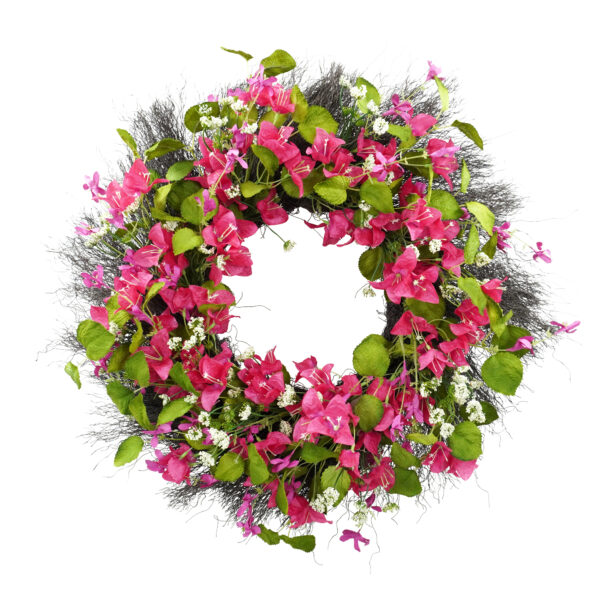WF000240074 Artificial Bougainvillea Spring Wreath – Pink Floral & Greenery Wreath for Front Door