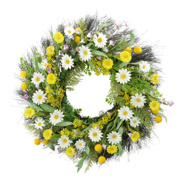 WF000240075 Artificial Daisy & Wildflower Spring Wreath – Yellow & White Floral Front Door Wreath
