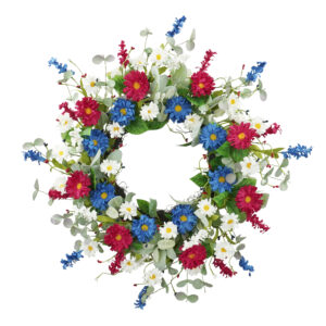 WF000240076 Artificial Patriotic Daisy Wreath – Red, White & Blue Floral Wreath for 4th of July Front Door