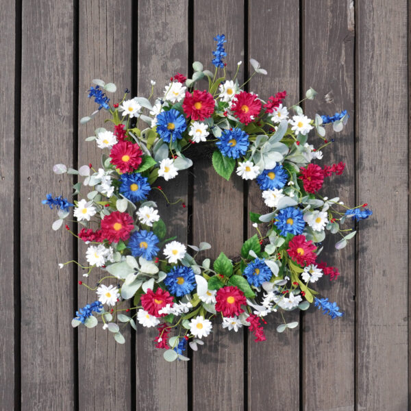 WF000240076-4 Artificial Patriotic Daisy Wreath – Red, White & Blue Floral Wreath for 4th of July Front Door