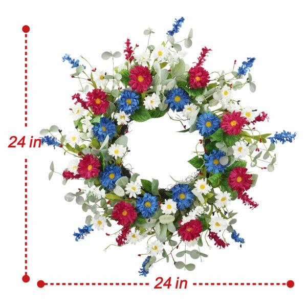 WF000240076-6 Artificial Patriotic Daisy Wreath – Red, White & Blue Floral Wreath for 4th of July Front Door