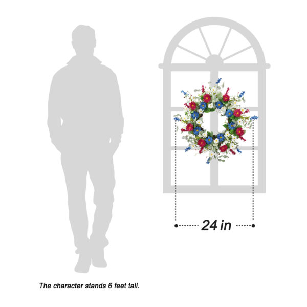 WF000240076-7 Artificial Patriotic Daisy Wreath – Red, White & Blue Floral Wreath for 4th of July Front Door