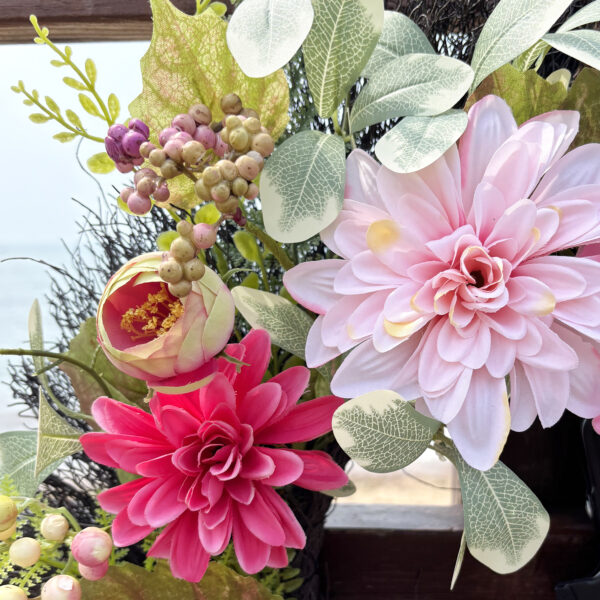 WF000240078-2 Artificial Pink Dahlia & Hydrangea Spring Wreath – Blush Floral Front Door Wreath