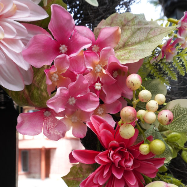 WF000240078-3 Artificial Pink Dahlia & Hydrangea Spring Wreath – Blush Floral Front Door Wreath