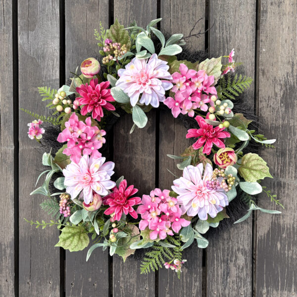 WF000240078-5 Artificial Pink Dahlia & Hydrangea Spring Wreath – Blush Floral Front Door Wreath
