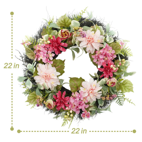 WF000240078-6 Artificial Pink Dahlia & Hydrangea Spring Wreath – Blush Floral Front Door Wreath