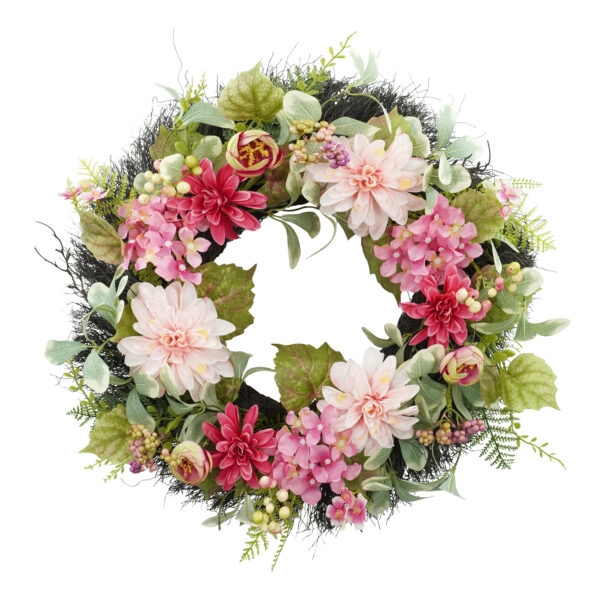 WF000240078 Artificial Pink Dahlia & Hydrangea Spring Wreath – Blush Floral Front Door Wreath