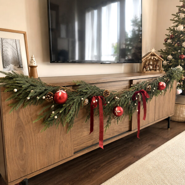 Artificial Christmas Garland with Red Ornaments & Velvet