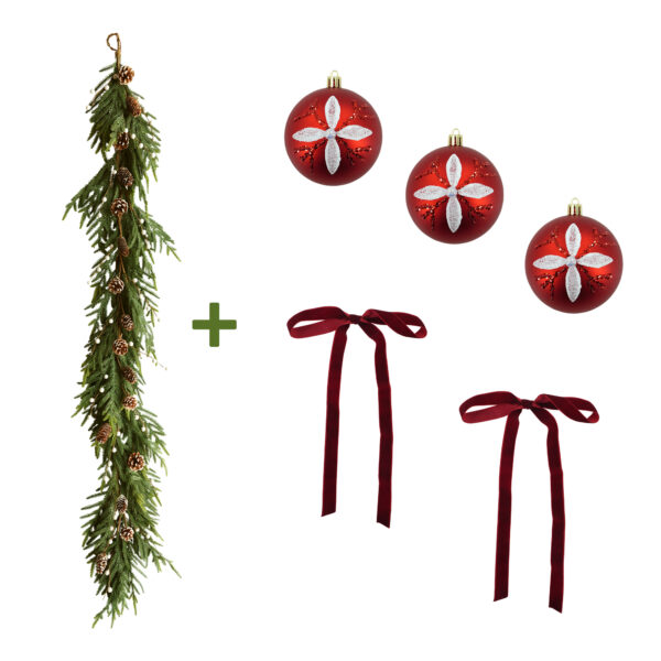 Artificial Christmas Garland with Red Ornaments & Velvet